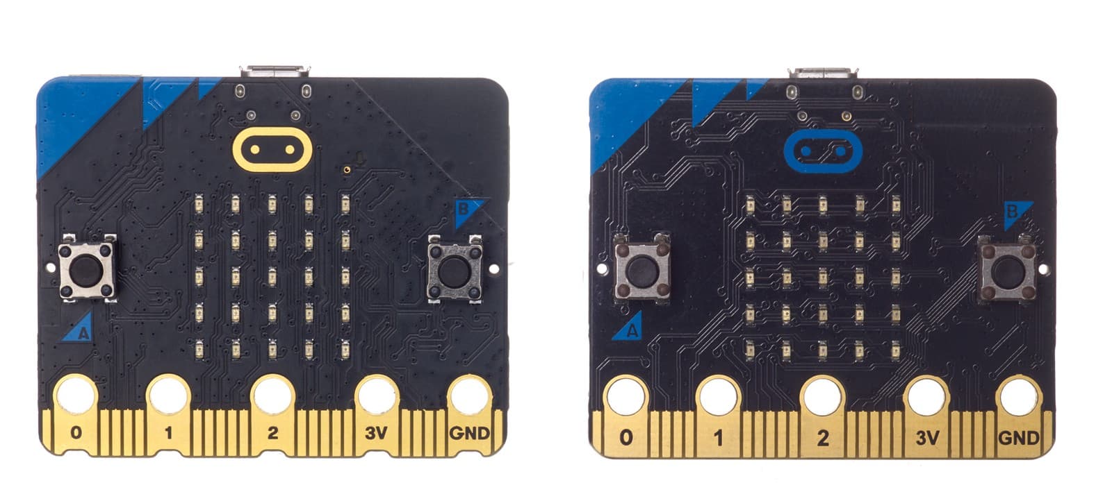 micro:bit 보드 두 세대의 전면 모습