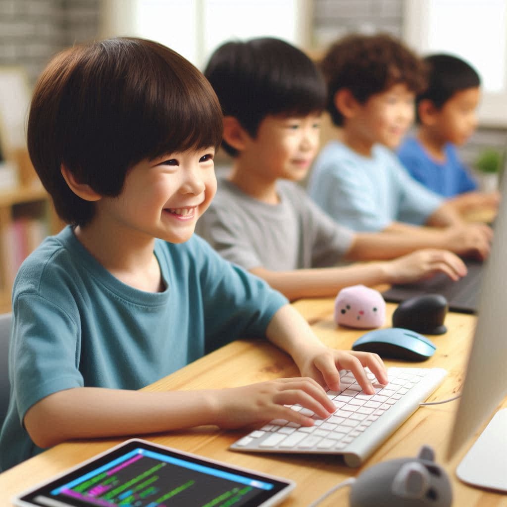 Python 초급 수업에서 코딩하는 어린 학생들